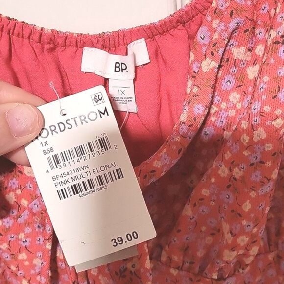 Bp. Pink Multi Floral Dress With Puff Sleeves & Tie Detail 1X‎ - Picture 3 of 5